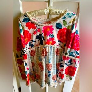 Floral Babydoll Style Blouse With Fringed Collar